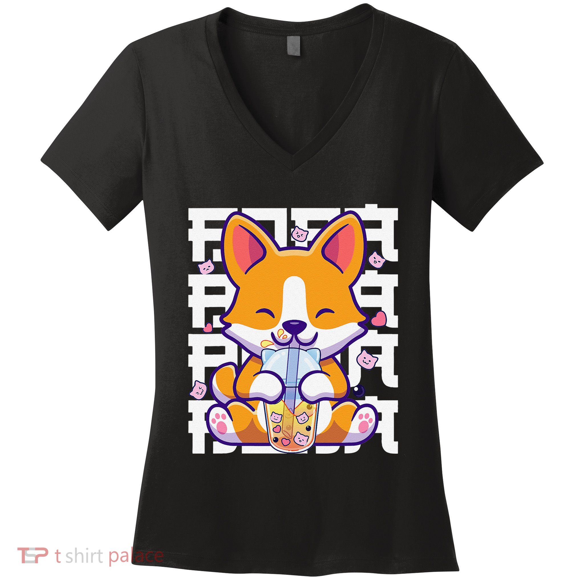 Kawaii Shiba Inu Dog Bubble Tea Boba Anime Women's V-Neck T-Shirt