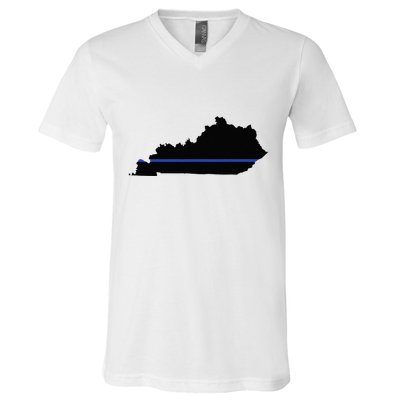 Kentucky State Map Police Law Enforcement Blue Line V-Neck T-Shirt
