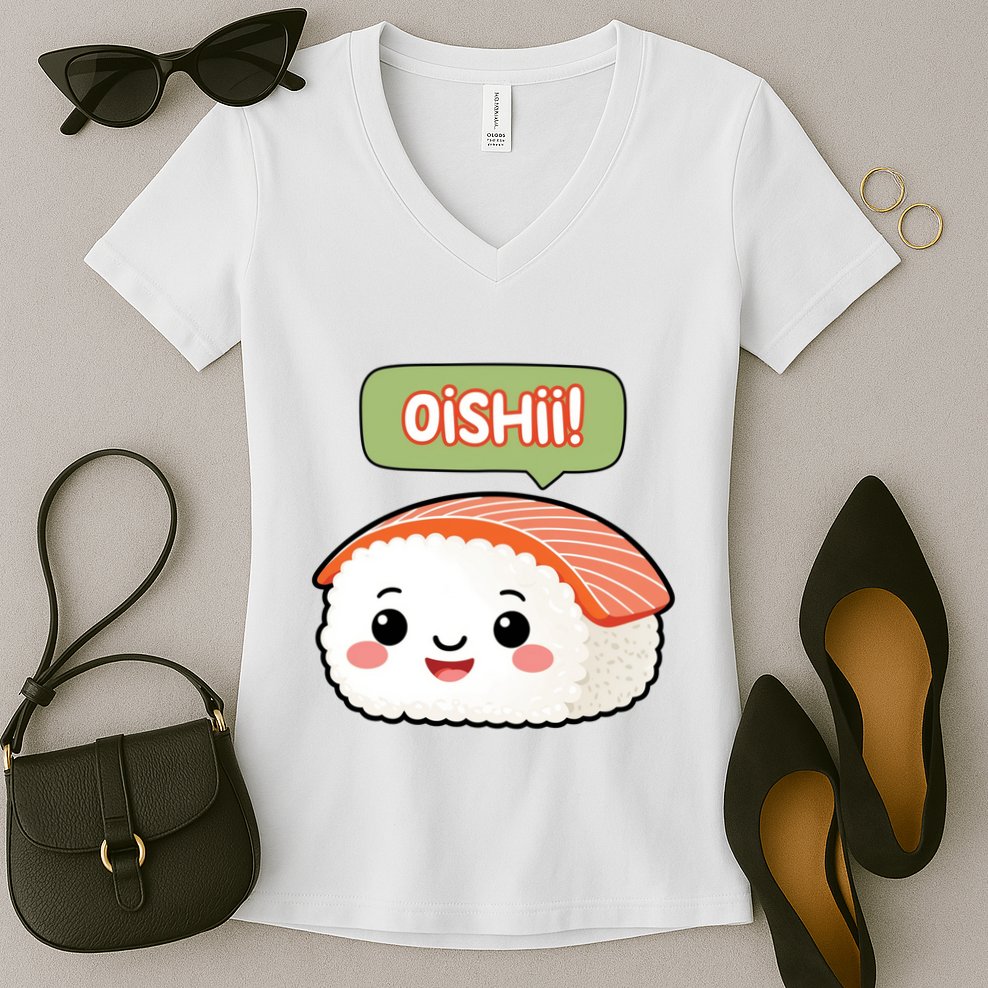 Kawaii Sushi Oishii! Cute Food Illustration Women's V-Neck T-Shirt