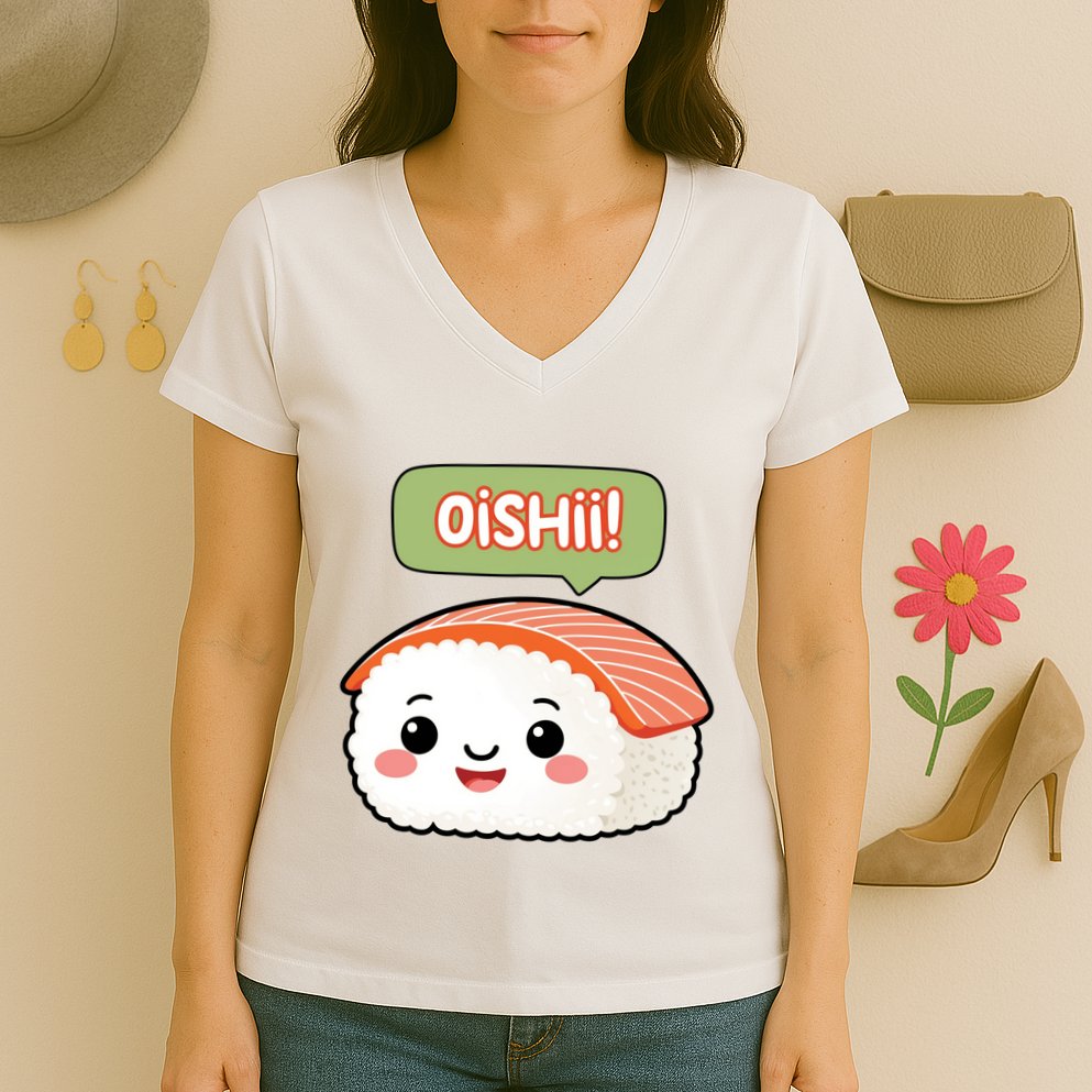 Kawaii Sushi Oishii! Cute Food Illustration Women's V-Neck T-Shirt