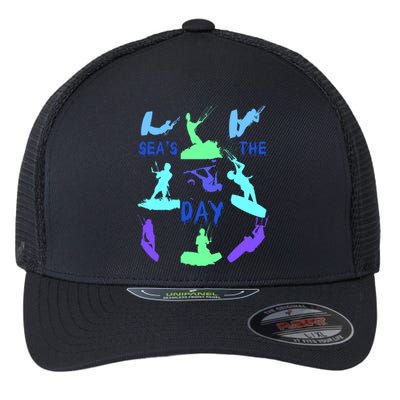 Kitesurfer Silhouette Pattern With Seas The Day Quote 9 Gift Flexfit Unipanel Trucker Cap