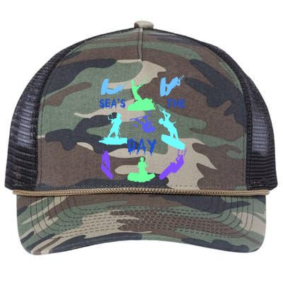 Kitesurfer Silhouette Pattern With Seas The Day Quote 9 Gift Retro Rope Trucker Hat Cap