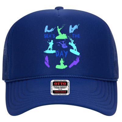 Kitesurfer Silhouette Pattern With Seas The Day Quote 9 Gift High Crown Mesh Back Trucker Hat