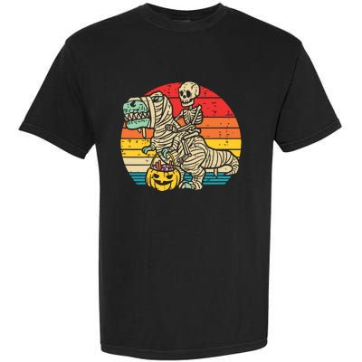 Kids Skeleton Riding Dino Mummy Retro Boy Halloween Garment-Dyed Heavyweight T-Shirt