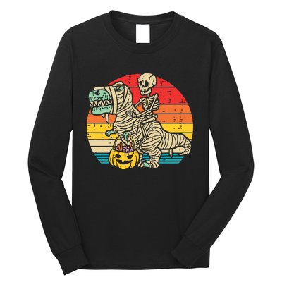 Kids Skeleton Riding Dino Mummy Retro Boy Halloween Long Sleeve Shirt