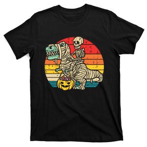 Kids Skeleton Riding Dino Mummy Retro Boy Halloween T-Shirt