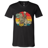 Kids Skeleton Riding Dino Mummy Retro Boy Halloween V-Neck T-Shirt