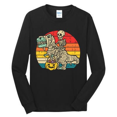 Kids Skeleton Riding Dino Mummy Retro Boy Halloween Tall Long Sleeve T-Shirt