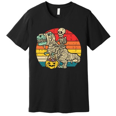 Kids Skeleton Riding Dino Mummy Retro Boy Halloween Premium T-Shirt