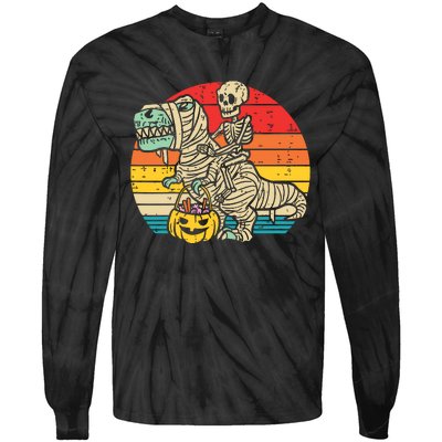 Kids Skeleton Riding Dino Mummy Retro Boy Halloween Tie-Dye Long Sleeve Shirt