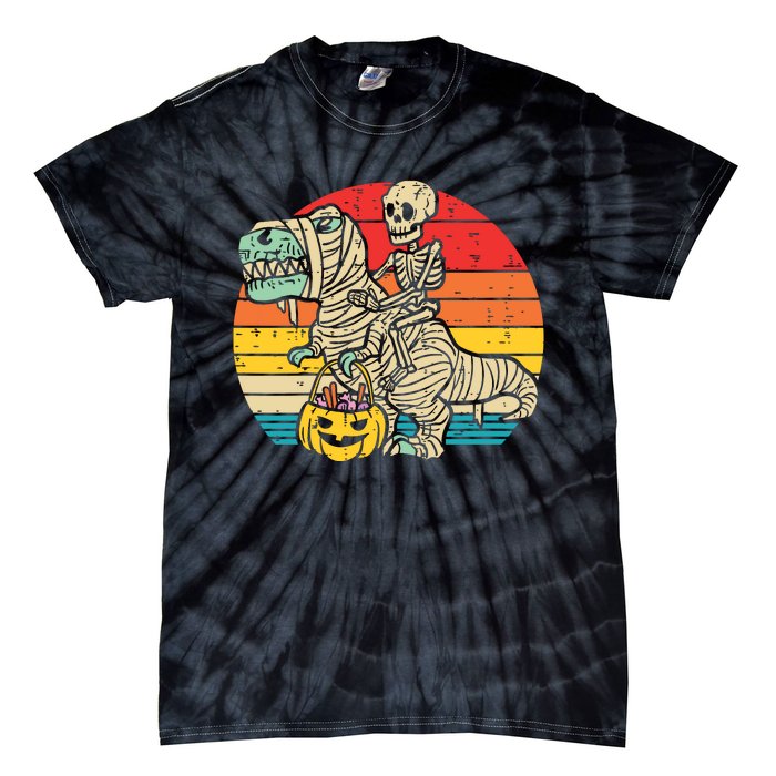 Kids Skeleton Riding Dino Mummy Retro Boy Halloween Tie-Dye T-Shirt