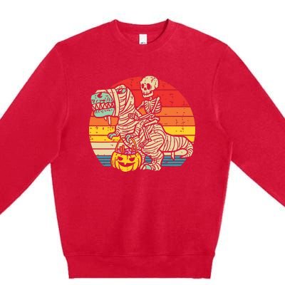 Kids Skeleton Riding Dino Mummy Retro Boy Halloween Premium Crewneck Sweatshirt