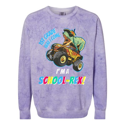 Kids School Starts First Grade Here I Come Dinosaur Monster Truck Colorblast Crewneck Sweatshirt