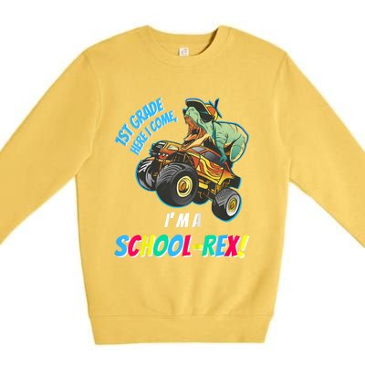 Kids School Starts First Grade Here I Come Dinosaur Monster Truck Premium Crewneck Sweatshirt