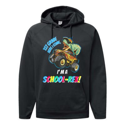 Kids School Starts First Grade Here I Come Dinosaur Monster Truck Performance Fleece Hoodie