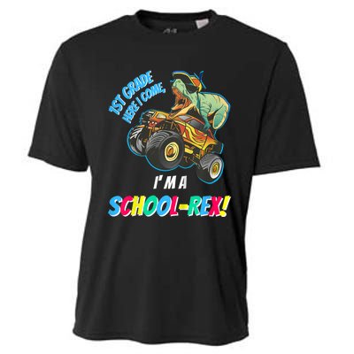 Kids School Starts First Grade Here I Come Dinosaur Monster Truck Cooling Performance Crew T-Shirt