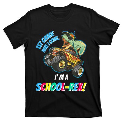 Kids School Starts First Grade Here I Come Dinosaur Monster Truck T-Shirt