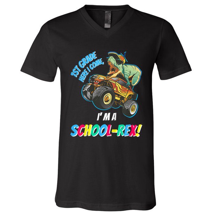 Kids School Starts First Grade Here I Come Dinosaur Monster Truck V-Neck T-Shirt