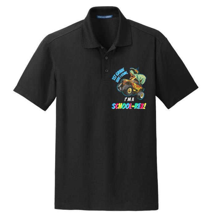 Kids School Starts First Grade Here I Come Dinosaur Monster Truck Dry Zone Grid Polo