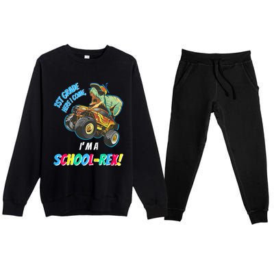 Kids School Starts First Grade Here I Come Dinosaur Monster Truck Premium Crewneck Sweatsuit Set