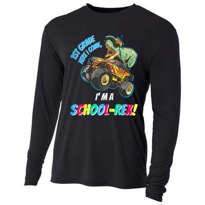 Kids School Starts First Grade Here I Come Dinosaur Monster Truck Cooling Performance Long Sleeve Crew