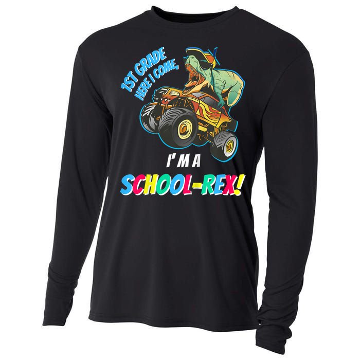 Kids School Starts First Grade Here I Come Dinosaur Monster Truck Cooling Performance Long Sleeve Crew