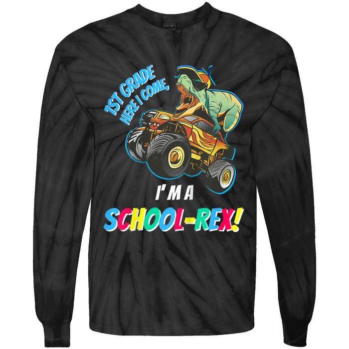 Kids School Starts First Grade Here I Come Dinosaur Monster Truck Tie-Dye Long Sleeve Shirt