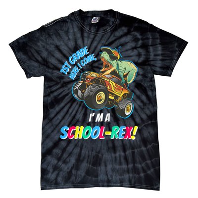 Kids School Starts First Grade Here I Come Dinosaur Monster Truck Tie-Dye T-Shirt