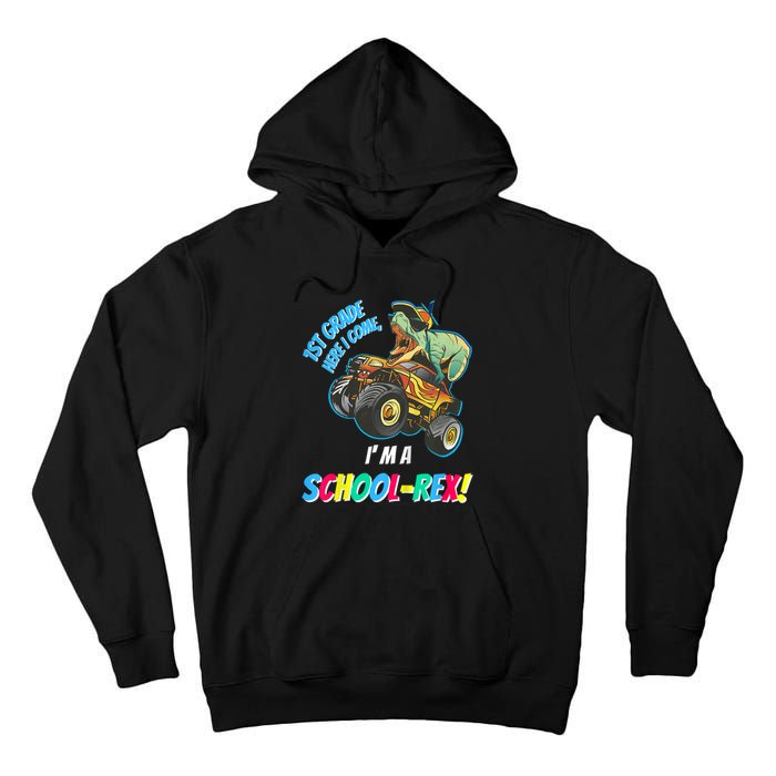 Kids School Starts First Grade Here I Come Dinosaur Monster Truck Tall Hoodie