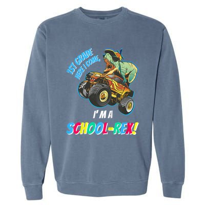 Kids School Starts First Grade Here I Come Dinosaur Monster Truck Garment-Dyed Sweatshirt