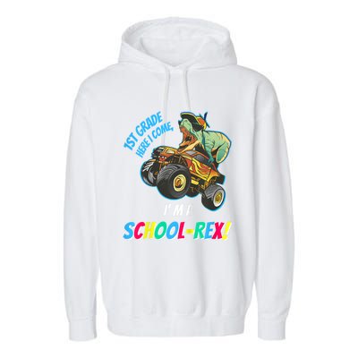 Kids School Starts First Grade Here I Come Dinosaur Monster Truck Garment-Dyed Fleece Hoodie