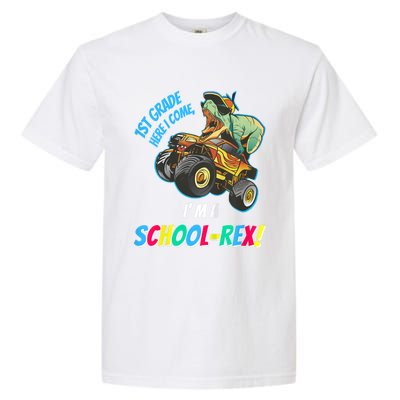 Kids School Starts First Grade Here I Come Dinosaur Monster Truck Garment-Dyed Heavyweight T-Shirt