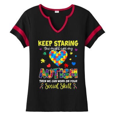 Keep Staring You Might Cure My Autism Awareness Puzzle Gift Meaningful Gift Ladies Halftime Notch Neck Tee