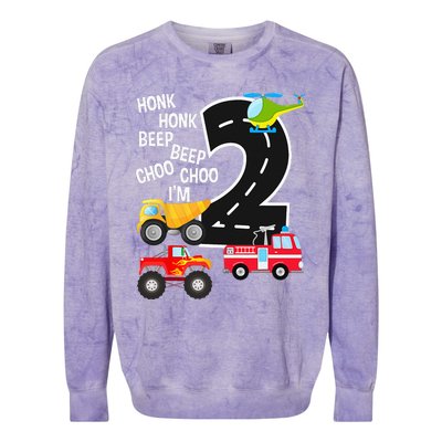 Kids Trucks 2nd Birthday Party Im 2 Year Old Bday Colorblast Crewneck Sweatshirt