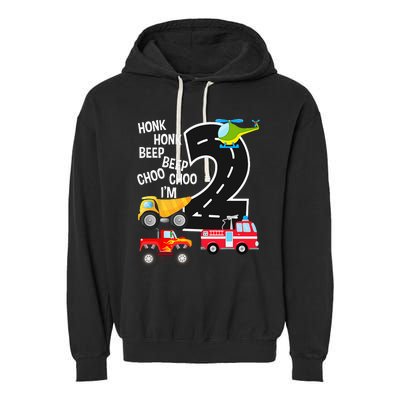 Kids Trucks 2nd Birthday Party Im 2 Year Old Bday Garment-Dyed Fleece Hoodie