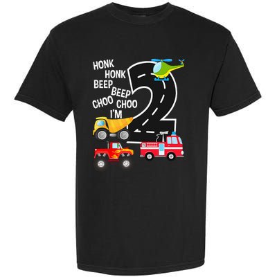 Kids Trucks 2nd Birthday Party Im 2 Year Old Bday Garment-Dyed Heavyweight T-Shirt