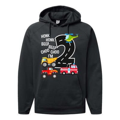 Kids Trucks 2nd Birthday Party Im 2 Year Old Bday Performance Fleece Hoodie