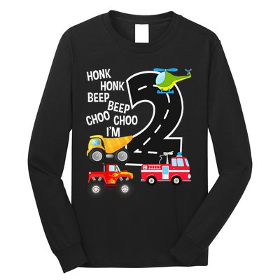 Kids Trucks 2nd Birthday Party Im 2 Year Old Bday Long Sleeve Shirt