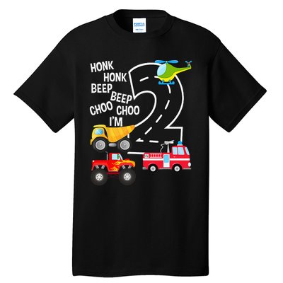 Kids Trucks 2nd Birthday Party Im 2 Year Old Bday Tall T-Shirt