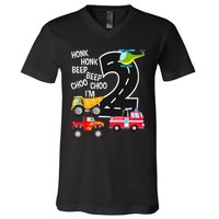 Kids Trucks 2nd Birthday Party Im 2 Year Old Bday V-Neck T-Shirt