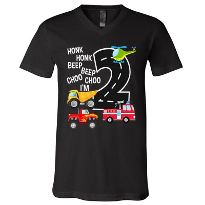 Kids Trucks 2nd Birthday Party Im 2 Year Old Bday V-Neck T-Shirt