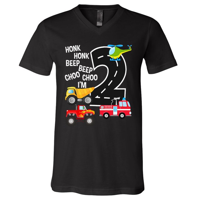 Kids Trucks 2nd Birthday Party Im 2 Year Old Bday V-Neck T-Shirt