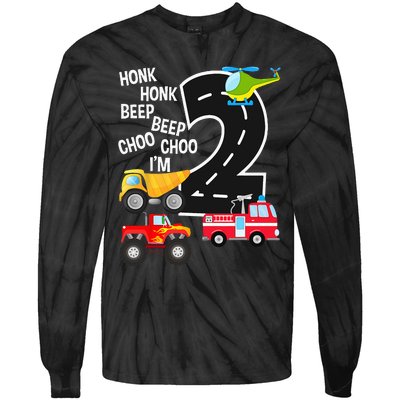 Kids Trucks 2nd Birthday Party Im 2 Year Old Bday Tie-Dye Long Sleeve Shirt