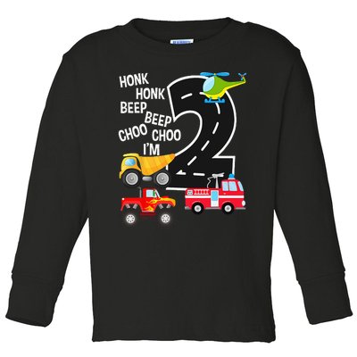 Kids Trucks 2nd Birthday Party Im 2 Year Old Bday Toddler Long Sleeve Shirt