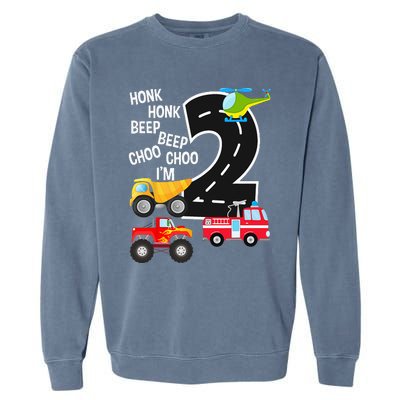 Kids Trucks 2nd Birthday Party Im 2 Year Old Bday Garment-Dyed Sweatshirt