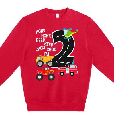 Kids Trucks 2nd Birthday Party Im 2 Year Old Bday Premium Crewneck Sweatshirt