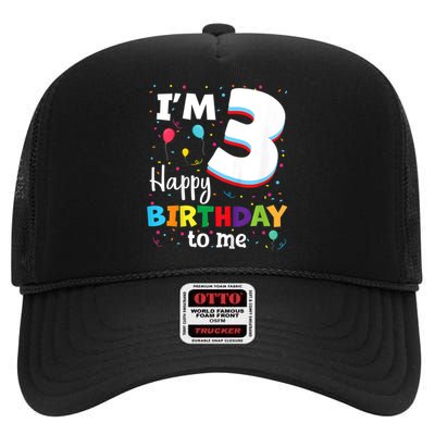 Kids Three 3yr 3th Birthday Happy Birthday Boys Girls 3 Years Old High Crown Mesh Back Trucker Hat