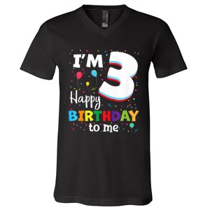 Kids Three 3yr 3th Birthday Happy Birthday Boys Girls 3 Years Old V-Neck T-Shirt