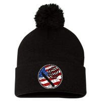 Knife Throwing American Flag Vintage Knife Throwing Pom Pom 12in Knit Beanie