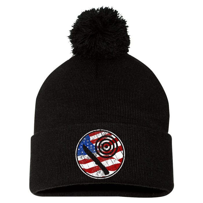 Knife Throwing American Flag Vintage Knife Throwing Pom Pom 12in Knit Beanie